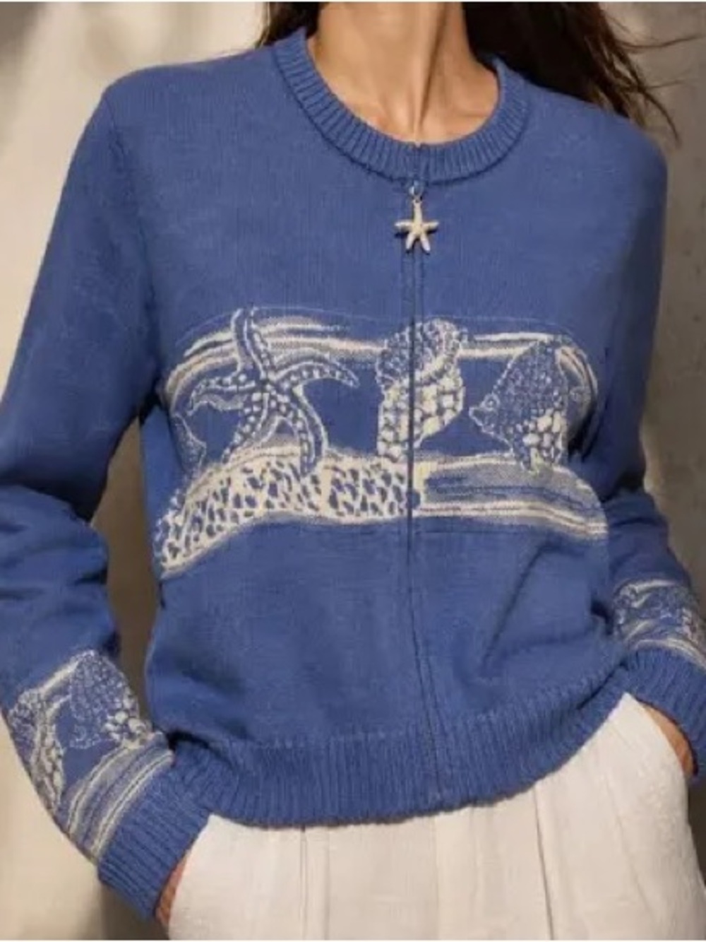 St John Blue Wool Blend Y2K Starfish Shell Knit ZipUp Cardigan size 4